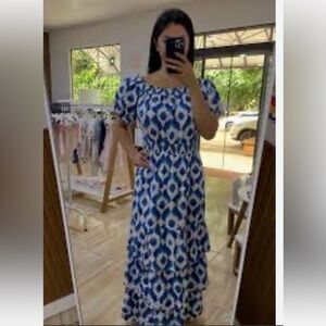 Knox Rose Cotton Tiered Maxi Dress Puff Sleeve Smocked Blue Pattern Large